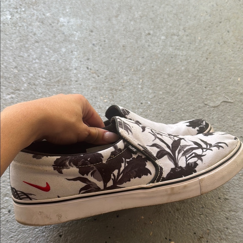 Nike Black and White Floral Slip-Ons